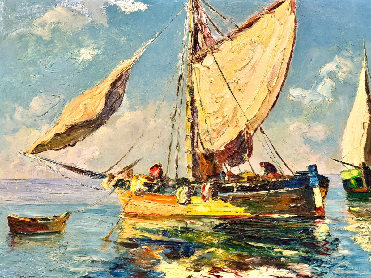Voiliers côtiers français, huile sur panneau de Bernard Régis, vers 1950-1960-photo-3