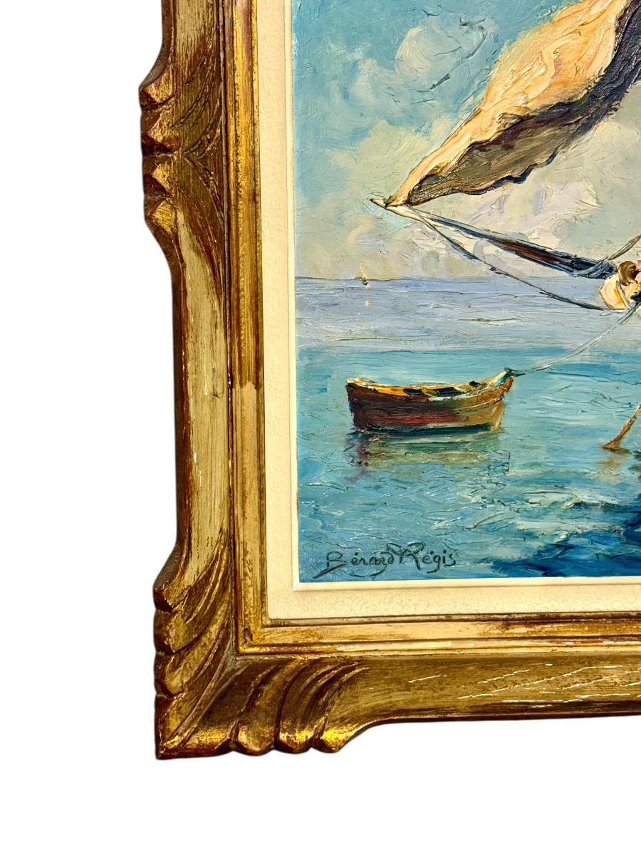 Voiliers côtiers français, huile sur panneau de Bernard Régis, vers 1950-1960-photo-2
