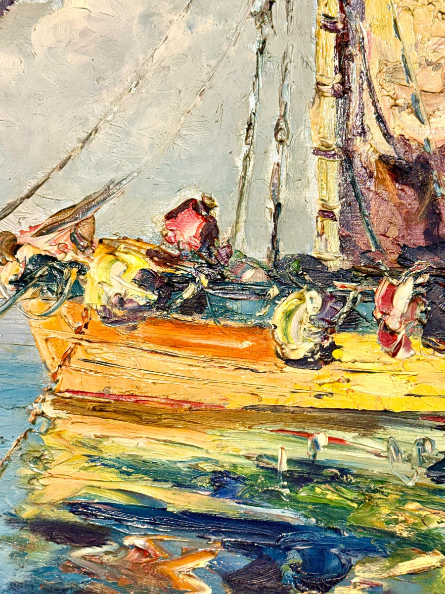 Voiliers côtiers français, huile sur panneau de Bernard Régis, vers 1950-1960-photo-4