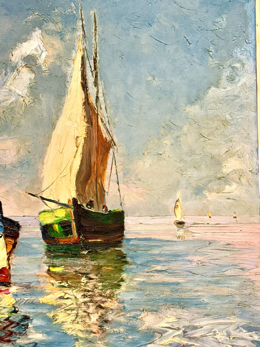 Voiliers côtiers français, huile sur panneau de Bernard Régis, vers 1950-1960-photo-5