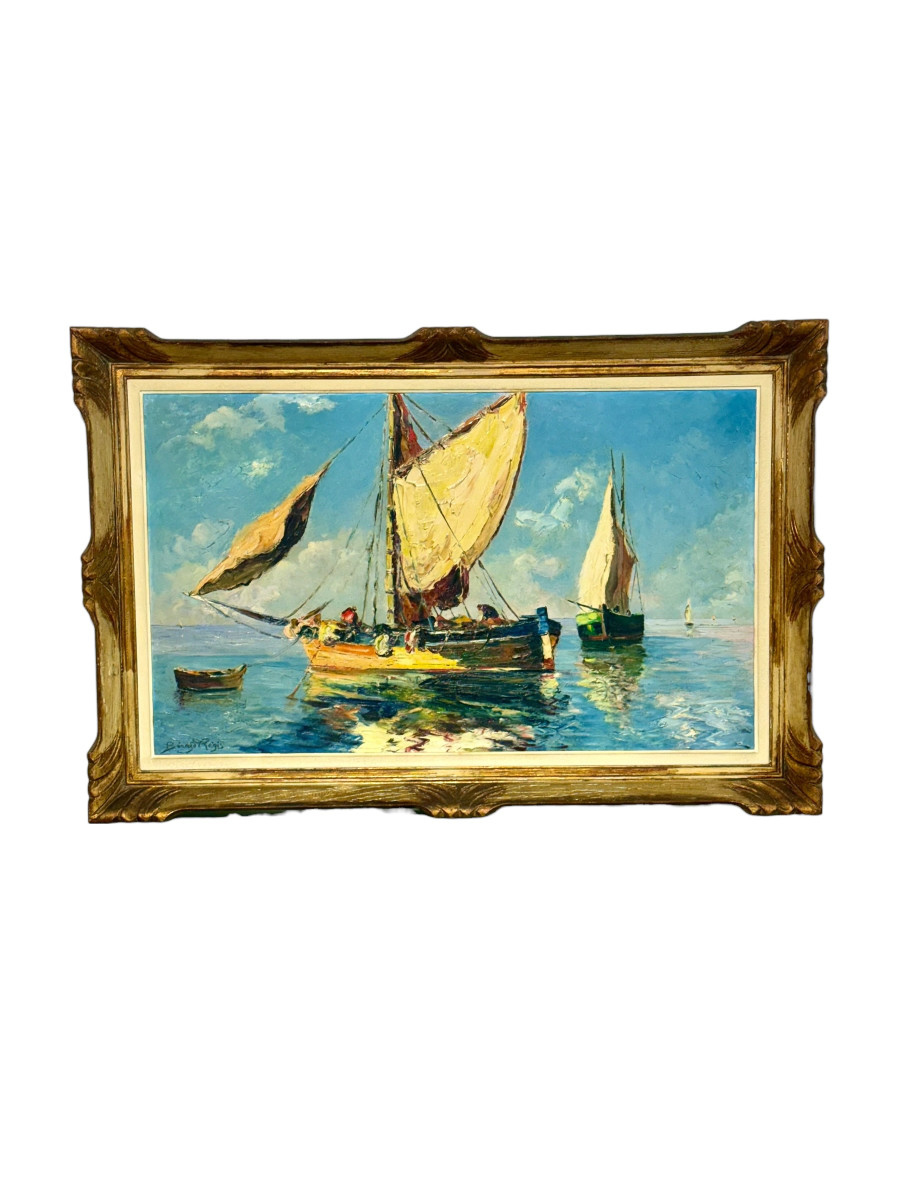 Voiliers côtiers français, huile sur panneau de Bernard Régis, vers 1950-1960