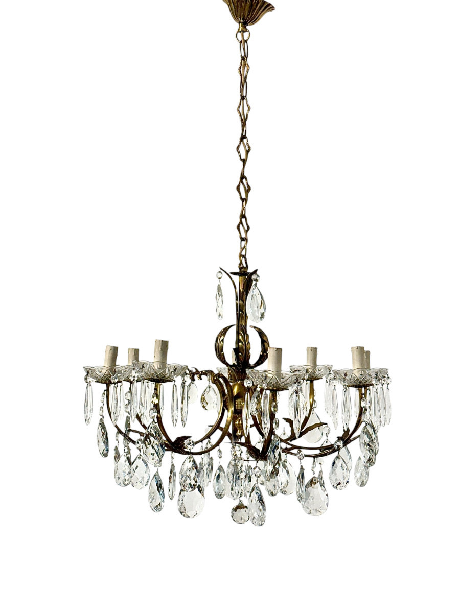 Lustre à huit lumières en bronze doré et cristal, France XIXe siècle-photo-3