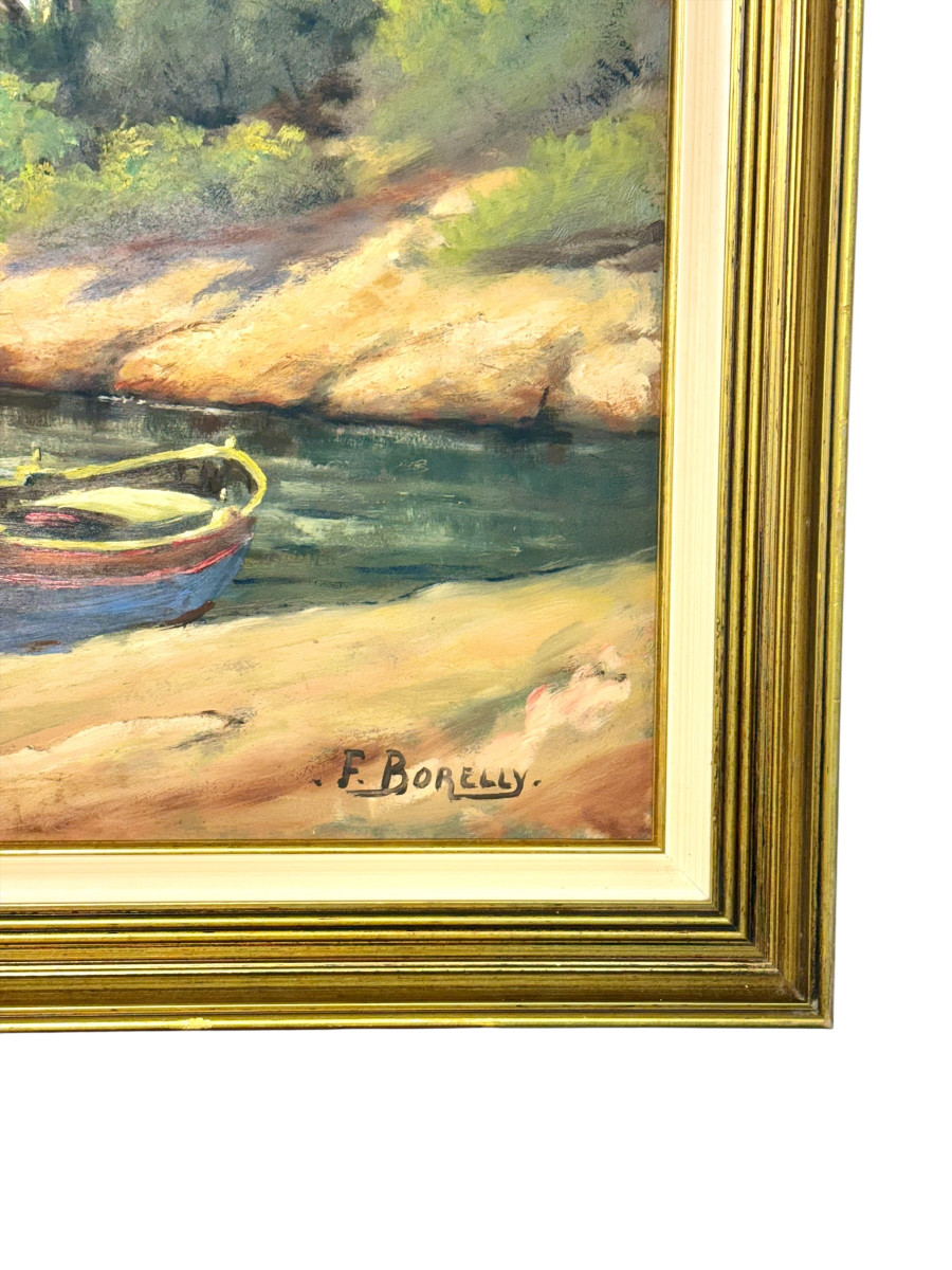 Grande Huile sur panneau : scène côtière méditerranéenne avec bateaux par F. Borelly-photo-4