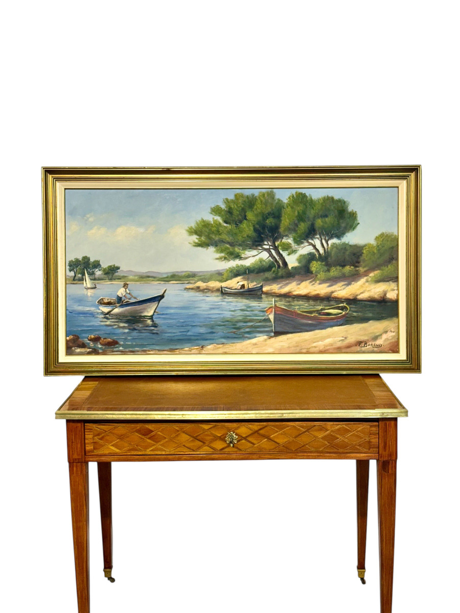 Grande Huile sur panneau : scène côtière méditerranéenne avec bateaux par F. Borelly-photo-7