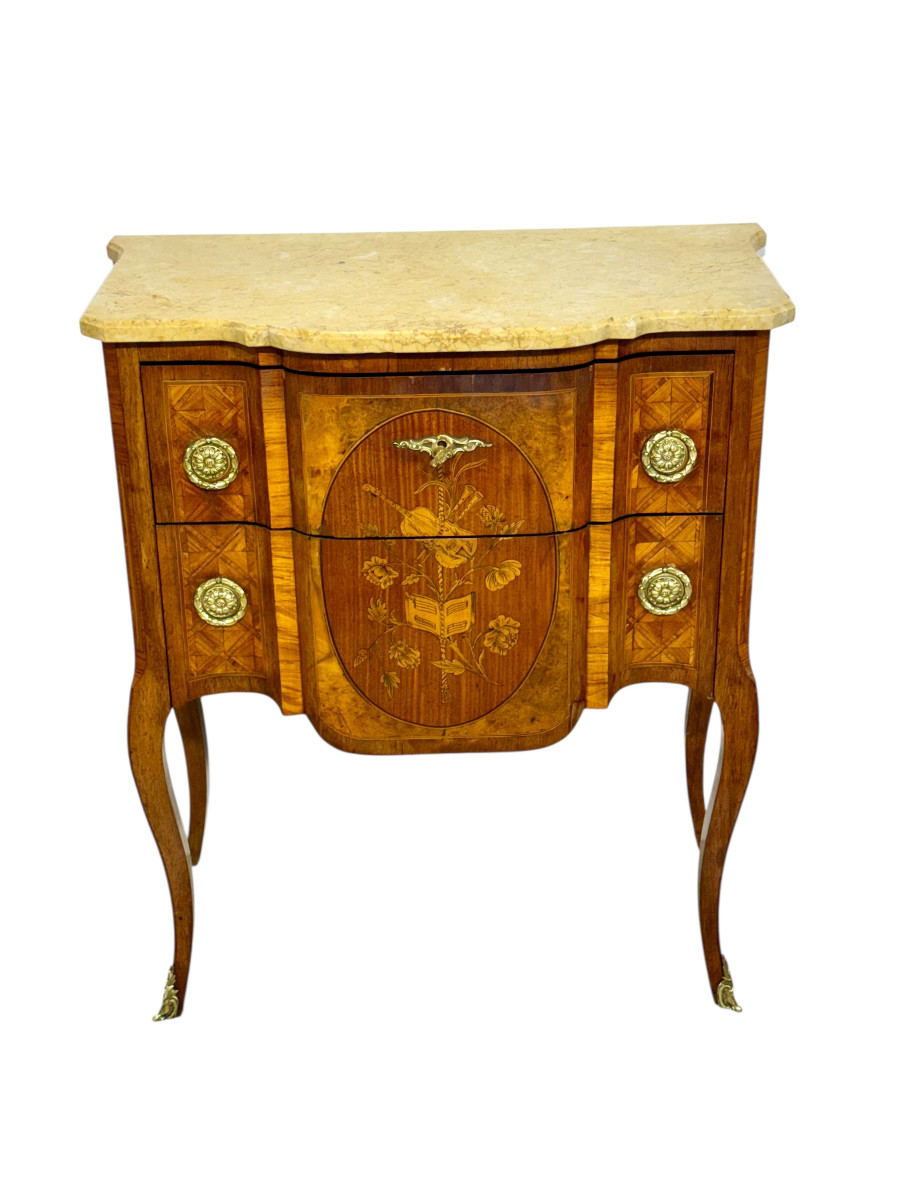 Louis XV Style Marquetry Commode With Marble Top, Late 19th Century-photo-2