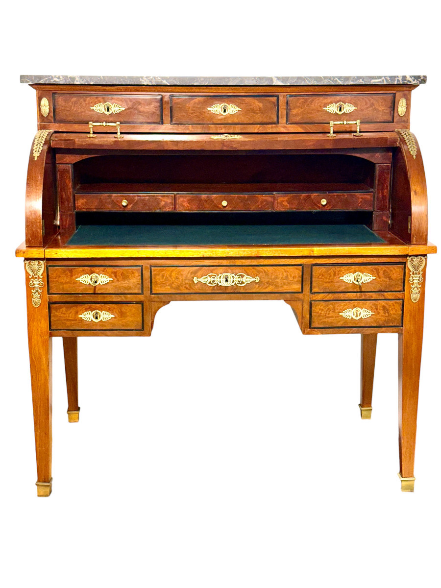 Early 19th Century French Restoration Roll-top Desk, Walnut & Marble-photo-8