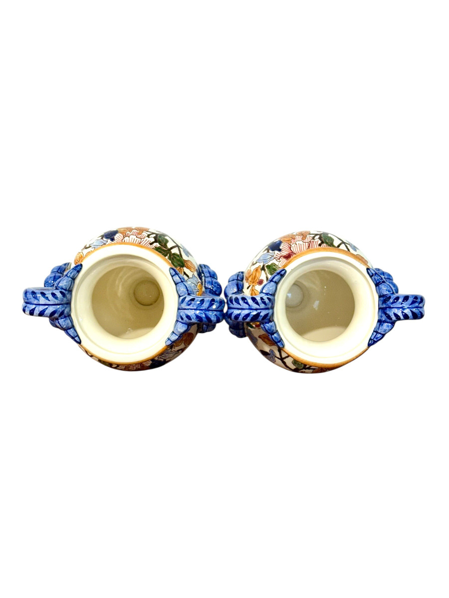 Pair Of Hand-painted Gien Faience Vases With Floral Decor, France-photo-1