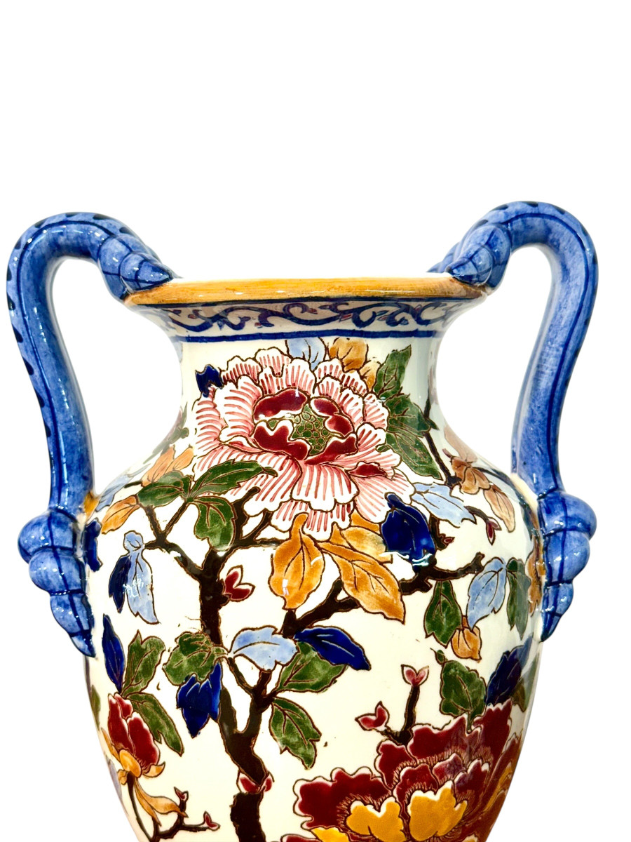 Pair Of Hand-painted Gien Faience Vases With Floral Decor, France-photo-5