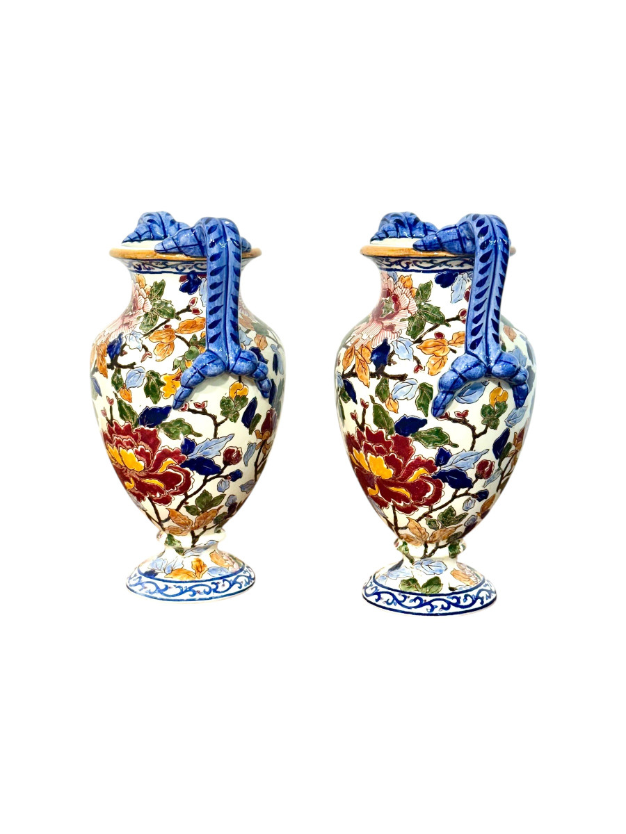 Pair Of Hand-painted Gien Faience Vases With Floral Decor, France-photo-8