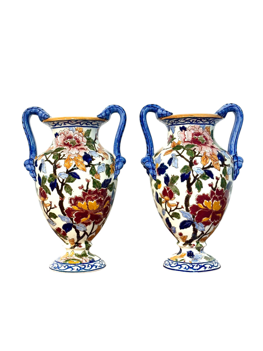 Pair Of Hand-painted Gien Faience Vases With Floral Decor, France