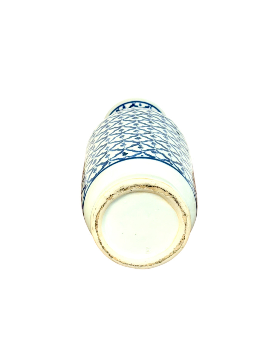 Mid-20th Century Blue And White Porcelain Vase, Floral Lattice Design-photo-7