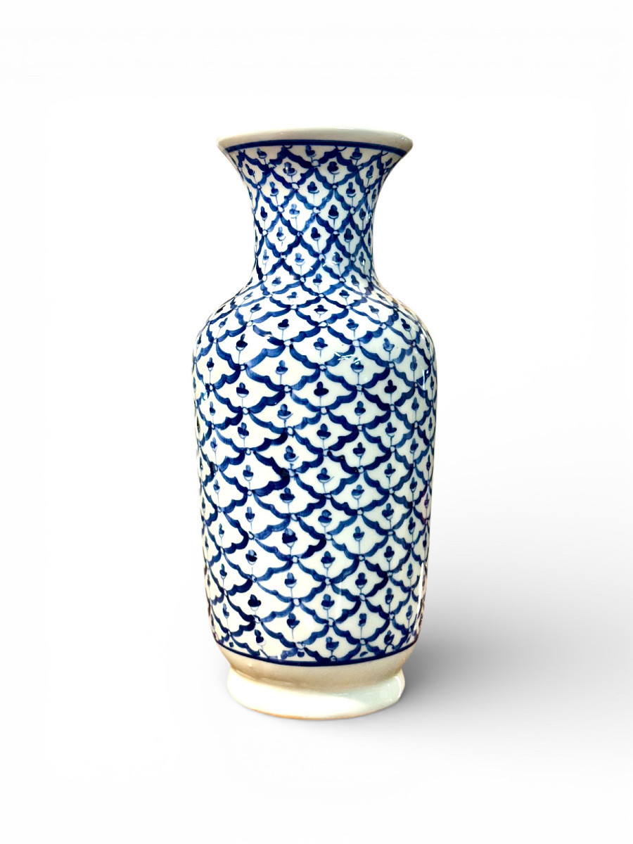 Mid-20th Century Blue And White Porcelain Vase, Floral Lattice Design
