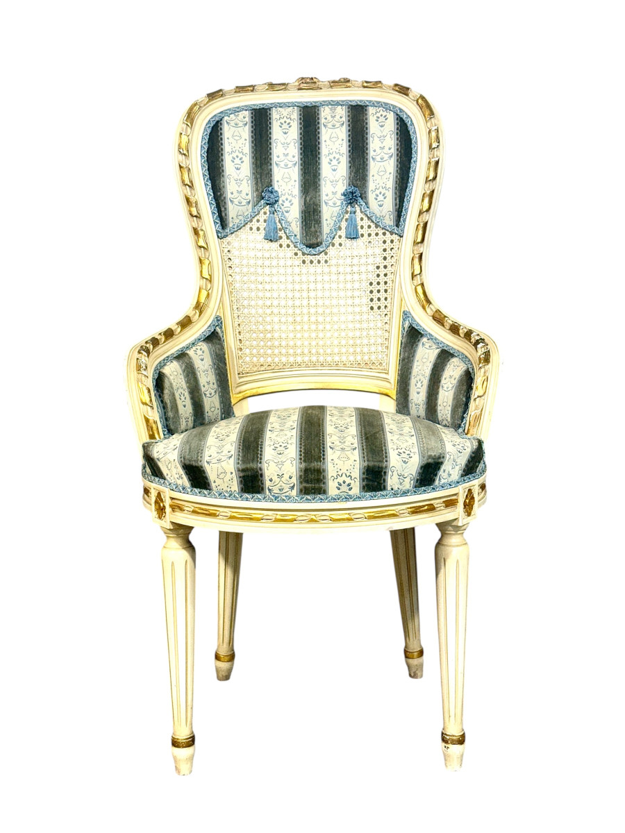 Set Of Eight French Louis XVI Style Painted & Gilt Dining Chairs, Caned Backs-photo-2