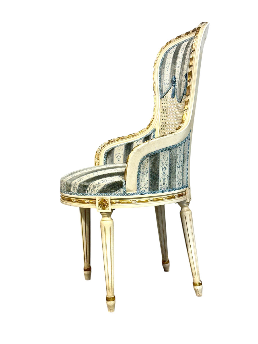 Set Of Eight French Louis XVI Style Painted & Gilt Dining Chairs, Caned Backs-photo-4
