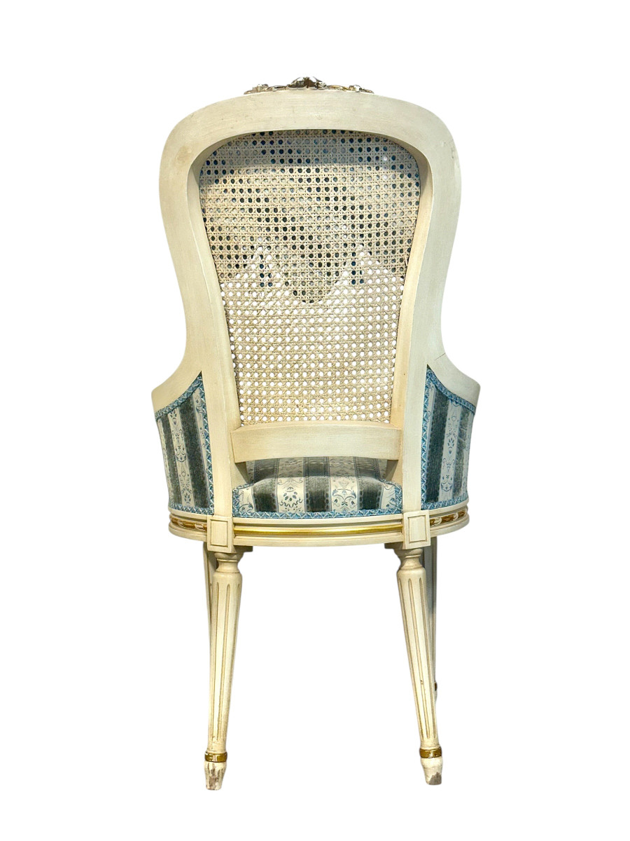 Set Of Eight French Louis XVI Style Painted & Gilt Dining Chairs, Caned Backs-photo-1