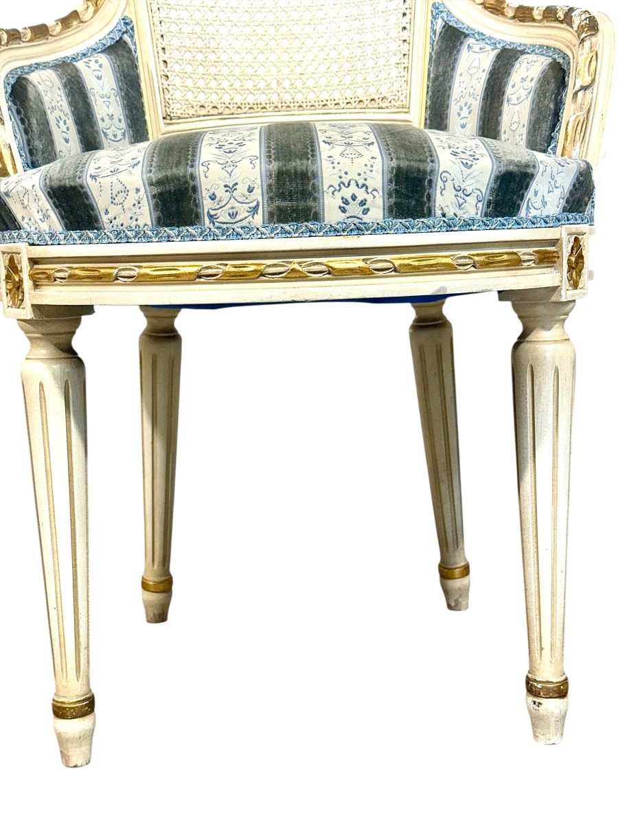 Set Of Eight French Louis XVI Style Painted & Gilt Dining Chairs, Caned Backs-photo-5