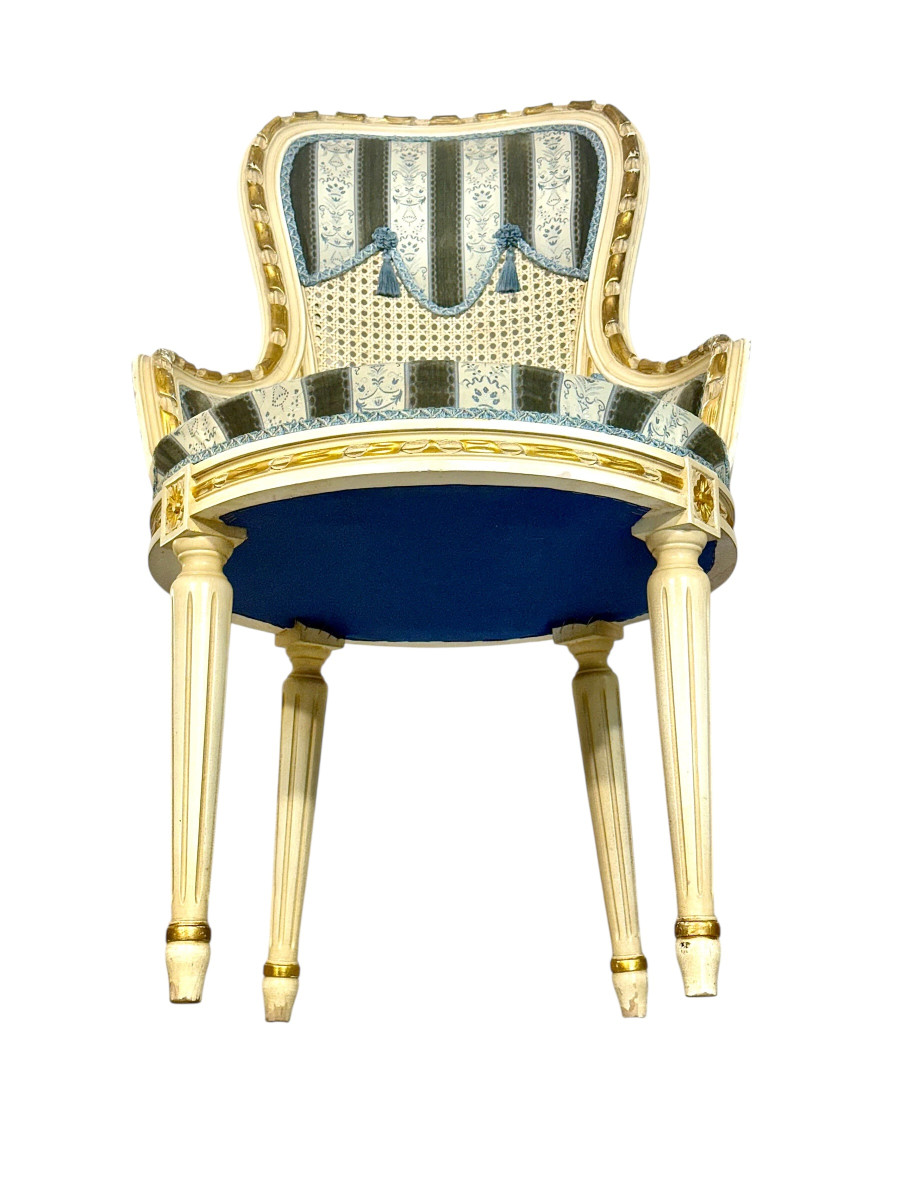 Set Of Eight French Louis XVI Style Painted & Gilt Dining Chairs, Caned Backs-photo-7