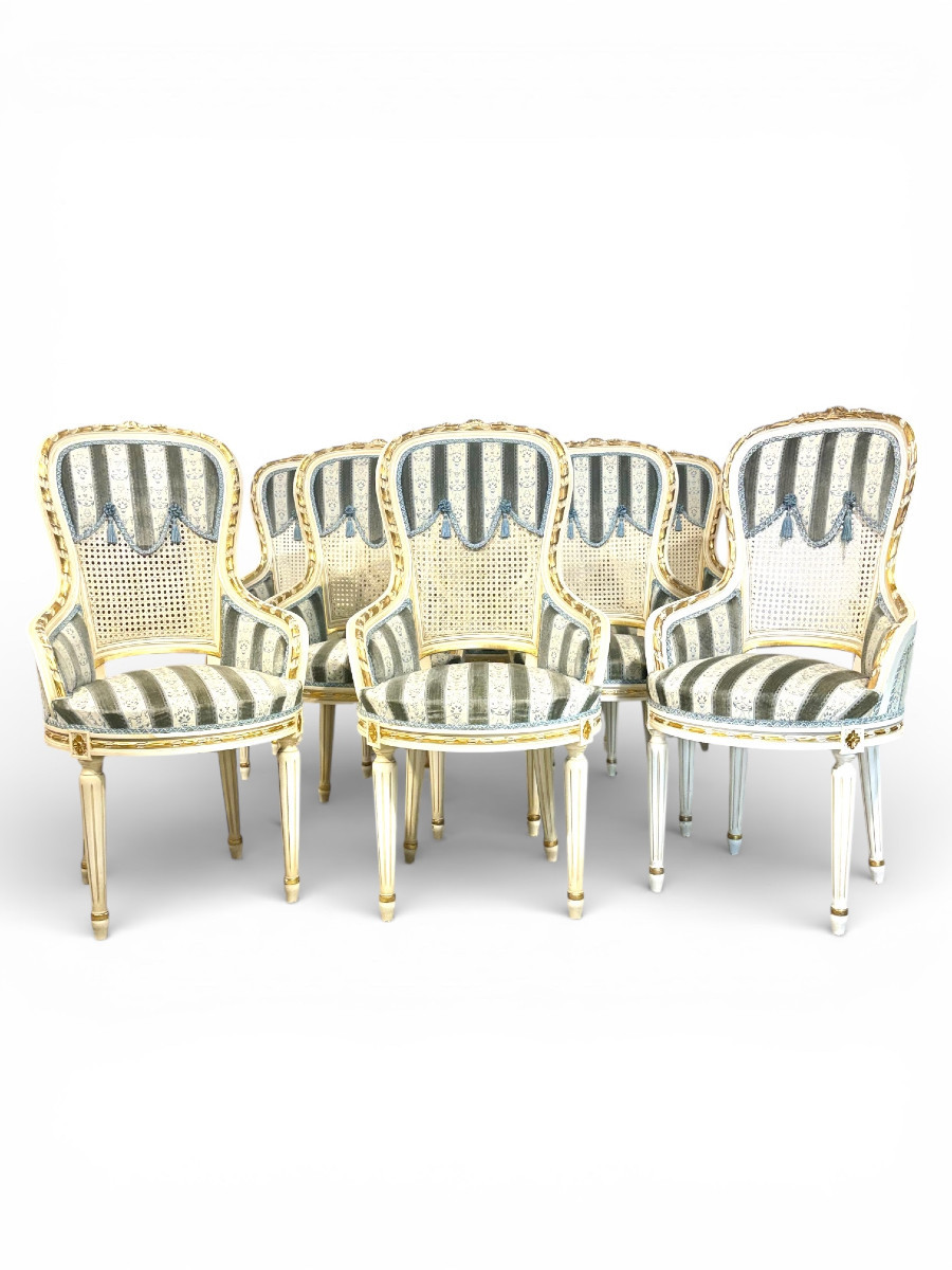 Set Of Eight French Louis XVI Style Painted & Gilt Dining Chairs, Caned Backs