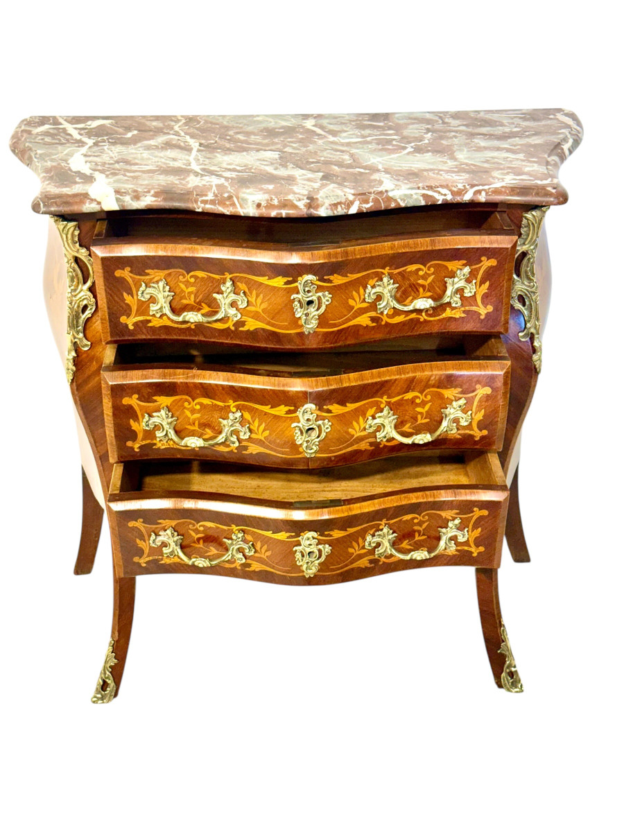 19th Century French Louis XV Style Marquetry Commode With Breccia Marble Top-photo-1