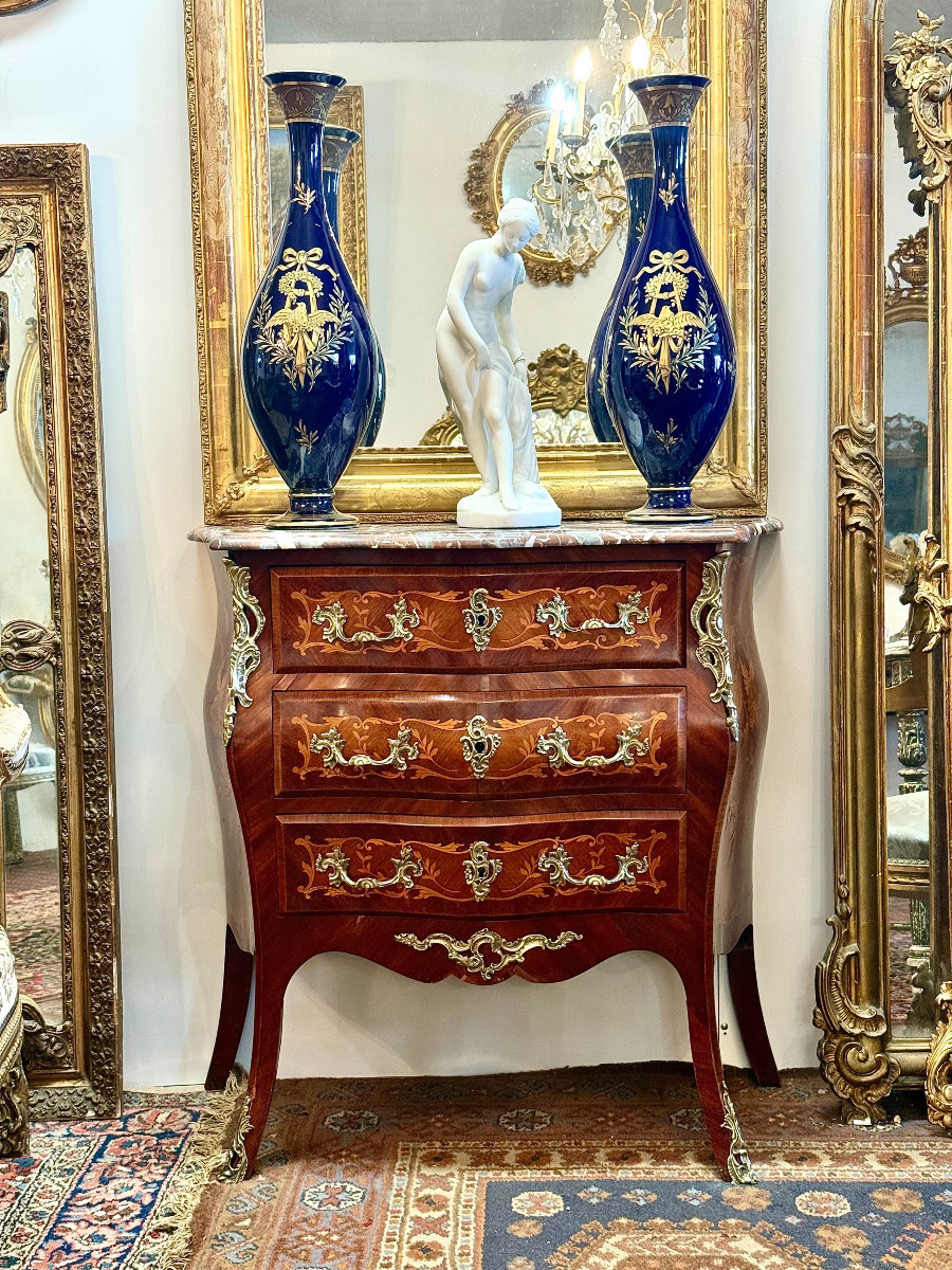 19th Century French Louis XV Style Marquetry Commode With Breccia Marble Top-photo-8