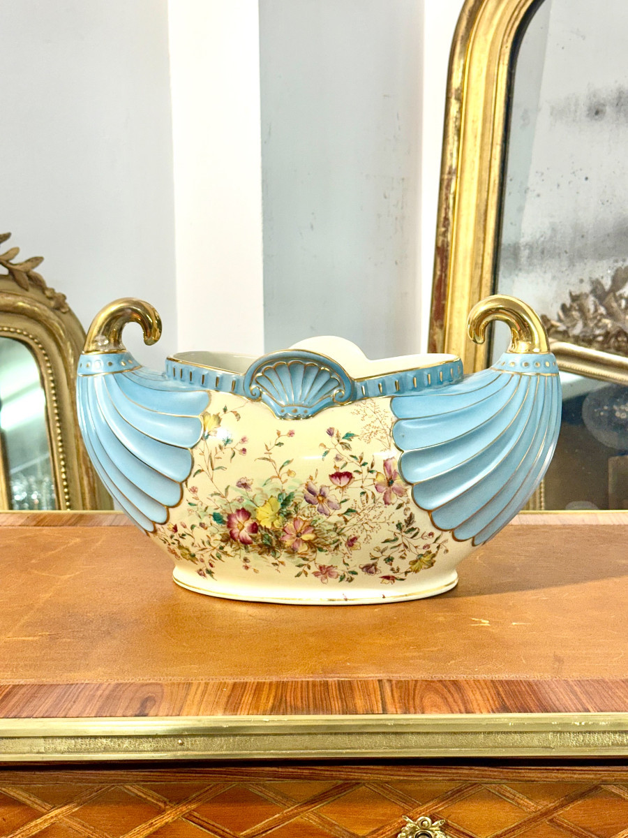 Jardinière Art Nouveau en Faïence avec Poignées Dorées, vers 1900-photo-2