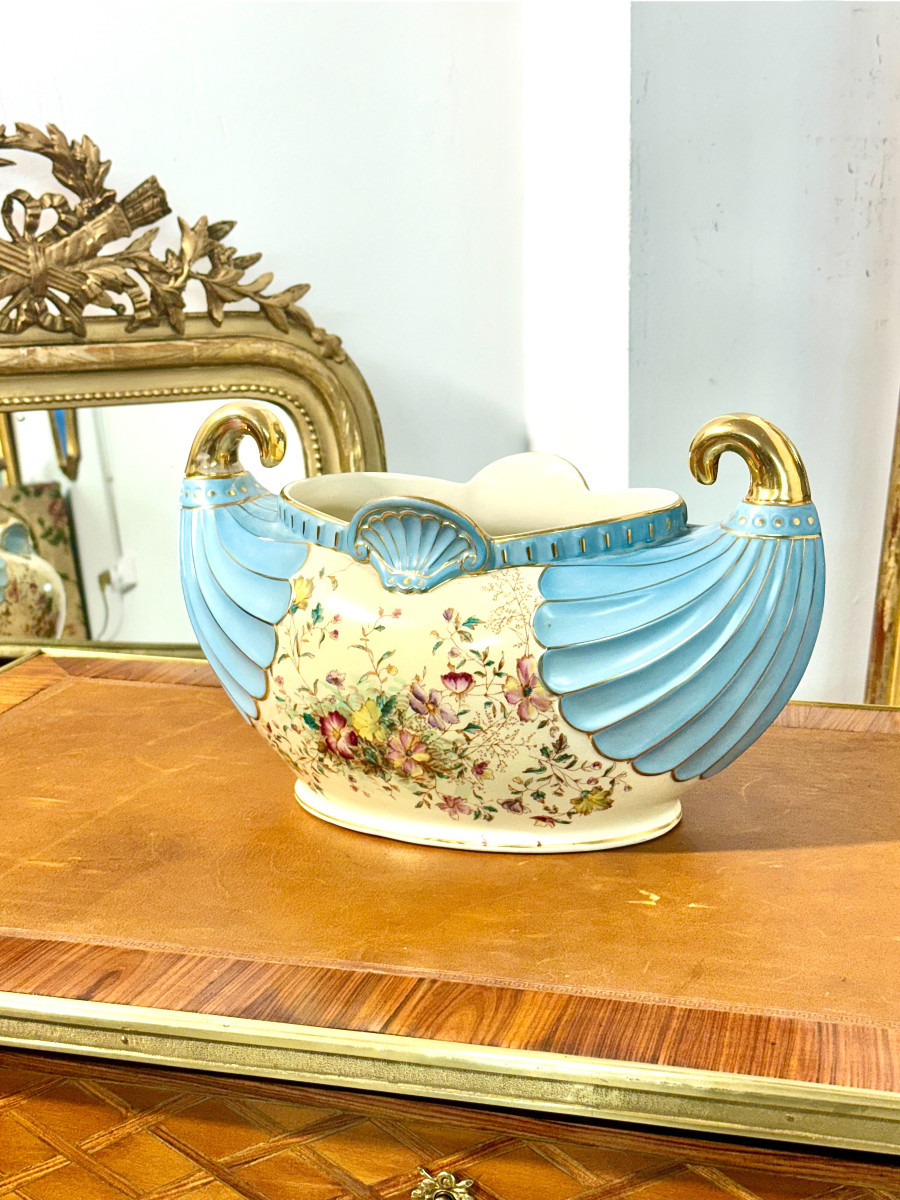 Jardinière Art Nouveau en Faïence avec Poignées Dorées, vers 1900-photo-2