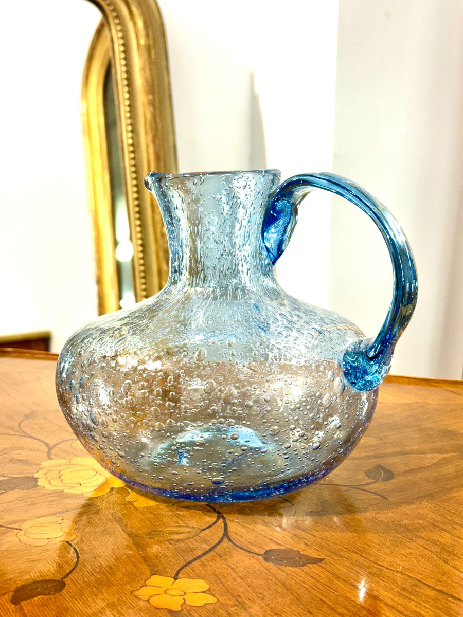 Carafe en verre soufflé à la main bleu Biot, France, vers 1950-photo-2