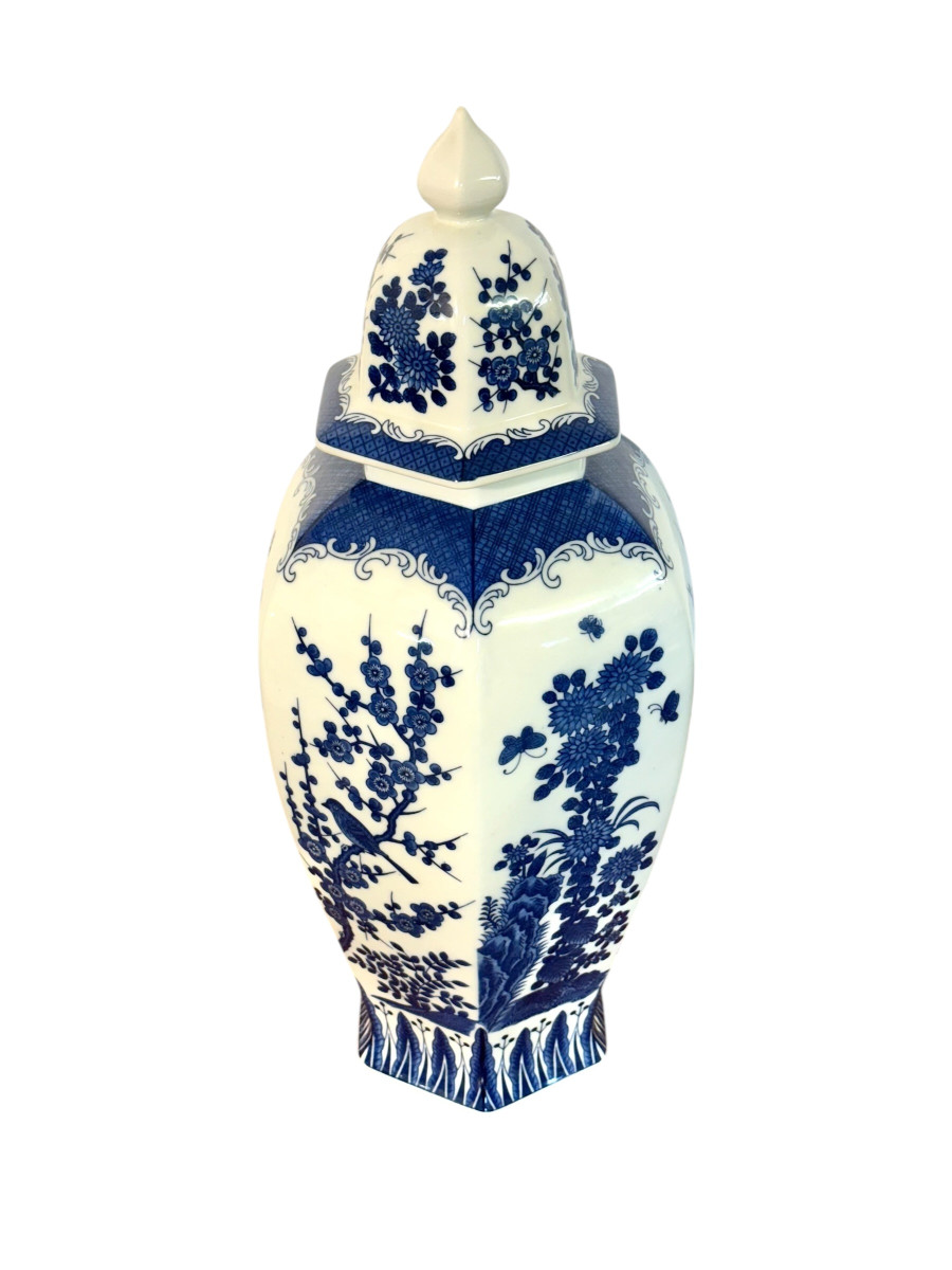 Large Blue And White Hexagonal Lidded Porcelain Vase, Chinoiserie-photo-6
