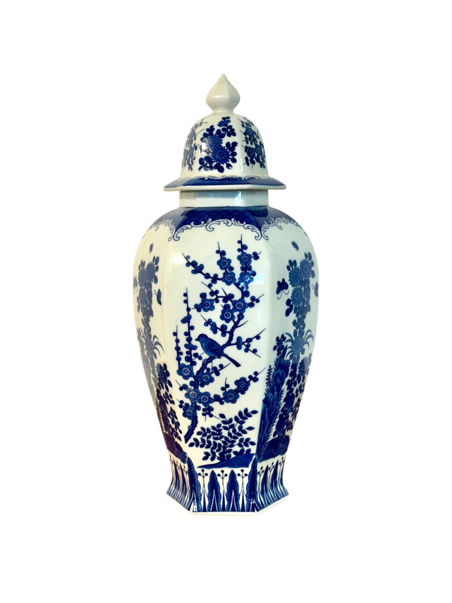 Large Blue And White Hexagonal Lidded Porcelain Vase, Chinoiserie
