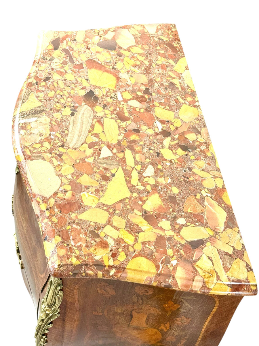 Louis XV Style Marquetry Commode With Breche Marble Top, France 19th Century-photo-7