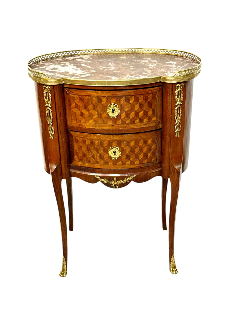 Louis XVI Style Kidney-shaped Commode With Cube Marquetry, 19th Century