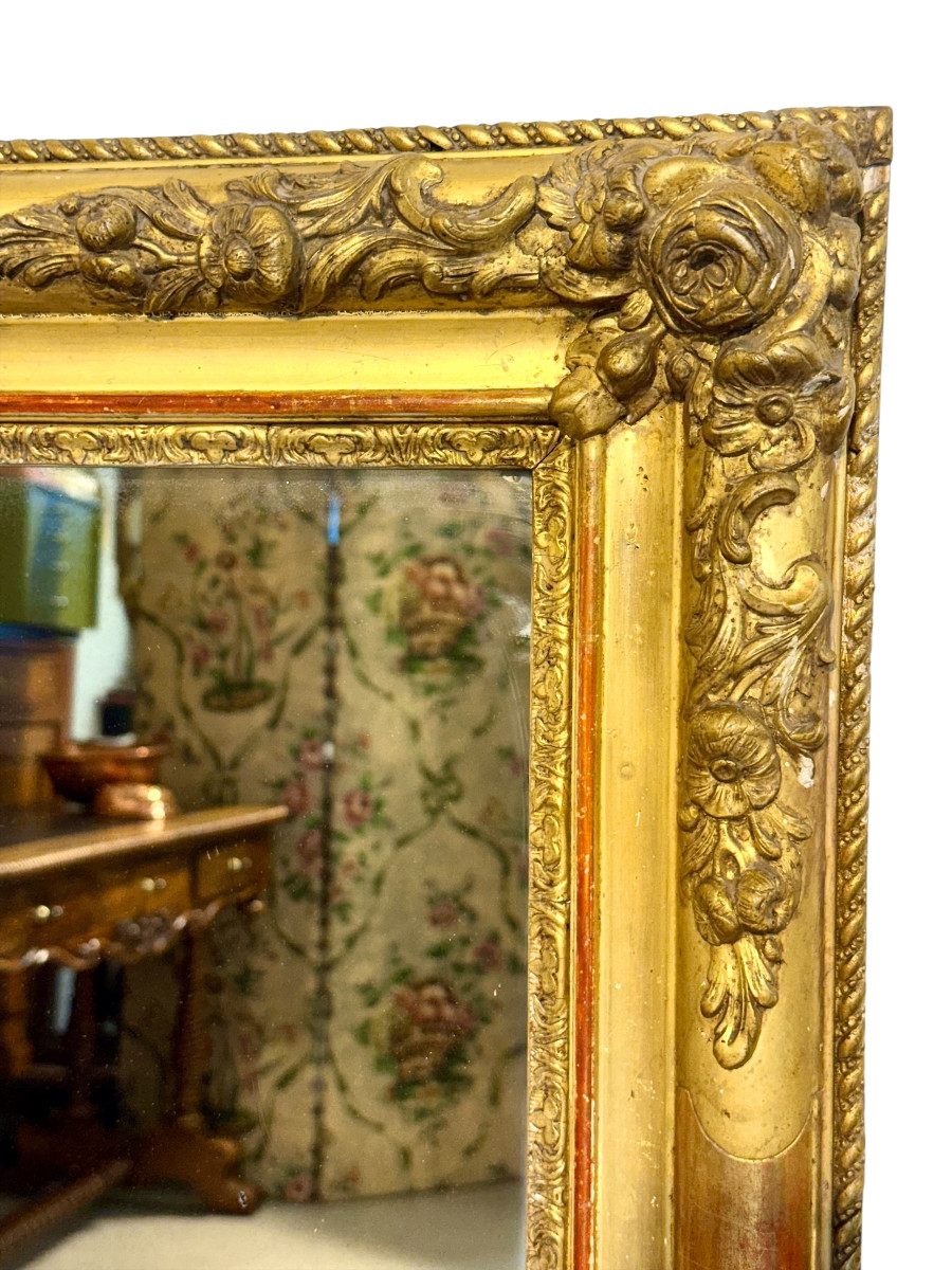 Large French Napoleon III Giltwood Mirror With Floral Carved Frame-photo-3