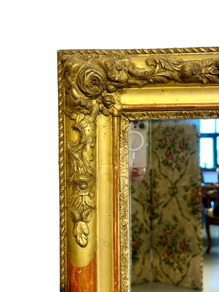 Large French Napoleon III Giltwood Mirror With Floral Carved Frame-photo-6
