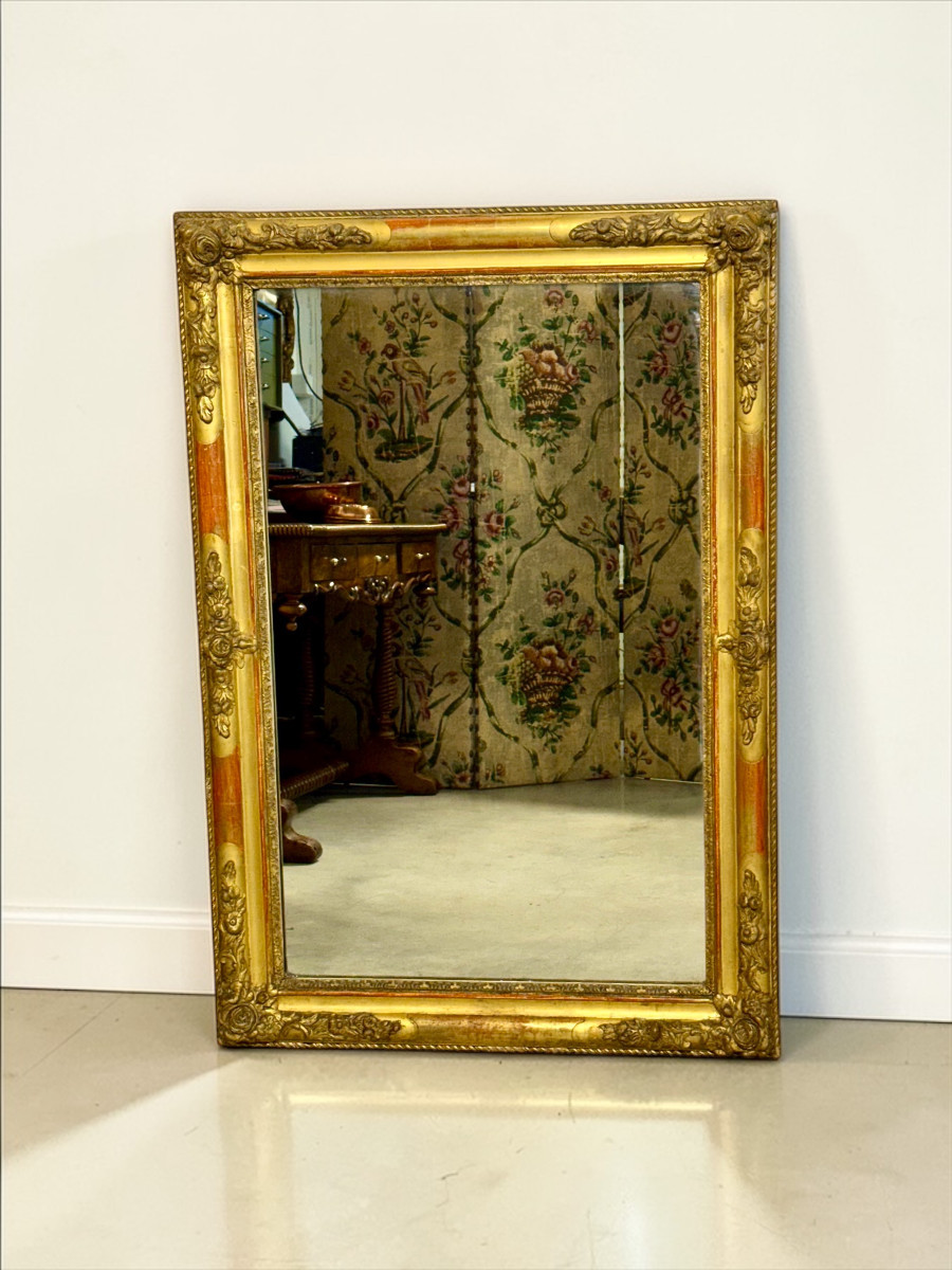Large French Napoleon III Giltwood Mirror With Floral Carved Frame-photo-5