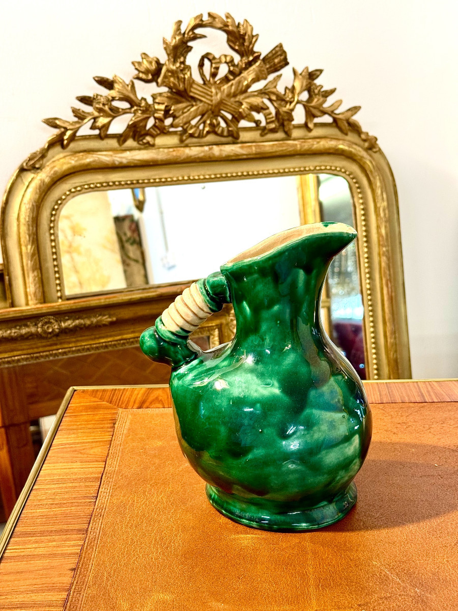 Pichet en céramique émaillée verte, céramique d'art rustique, France vers 1900-photo-2