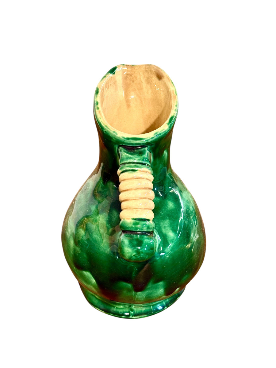 Pichet en céramique émaillée verte, céramique d'art rustique, France vers 1900-photo-4