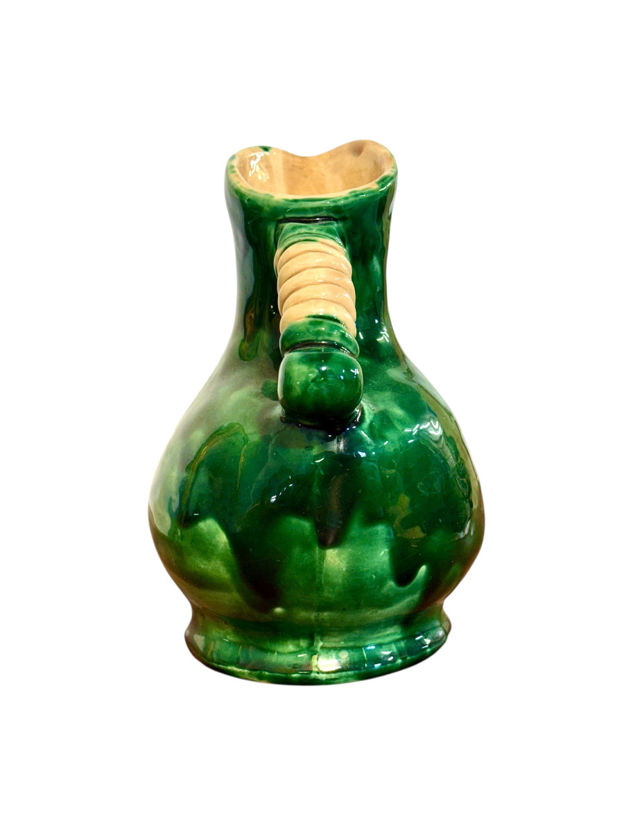 Pichet en céramique émaillée verte, céramique d'art rustique, France vers 1900-photo-2