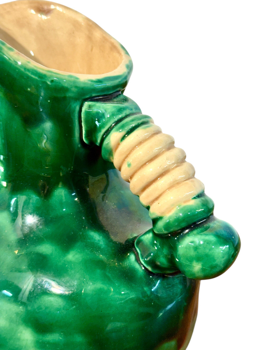 Pichet en céramique émaillée verte, céramique d'art rustique, France vers 1900-photo-4