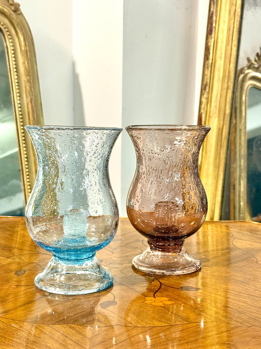 Pair Of French Biot Bubble Glass Hurricane Candle Holders-photo-1