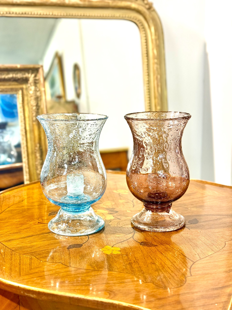 Pair Of French Biot Bubble Glass Hurricane Candle Holders-photo-8