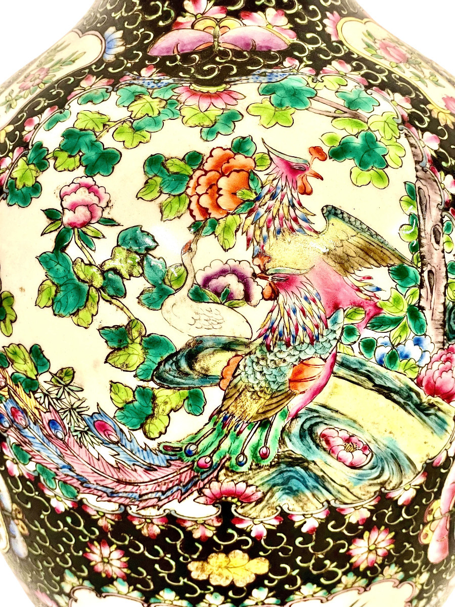 Large Chinese Famille Noire Porcelain Vase With Birds And Floral Panels-photo-2