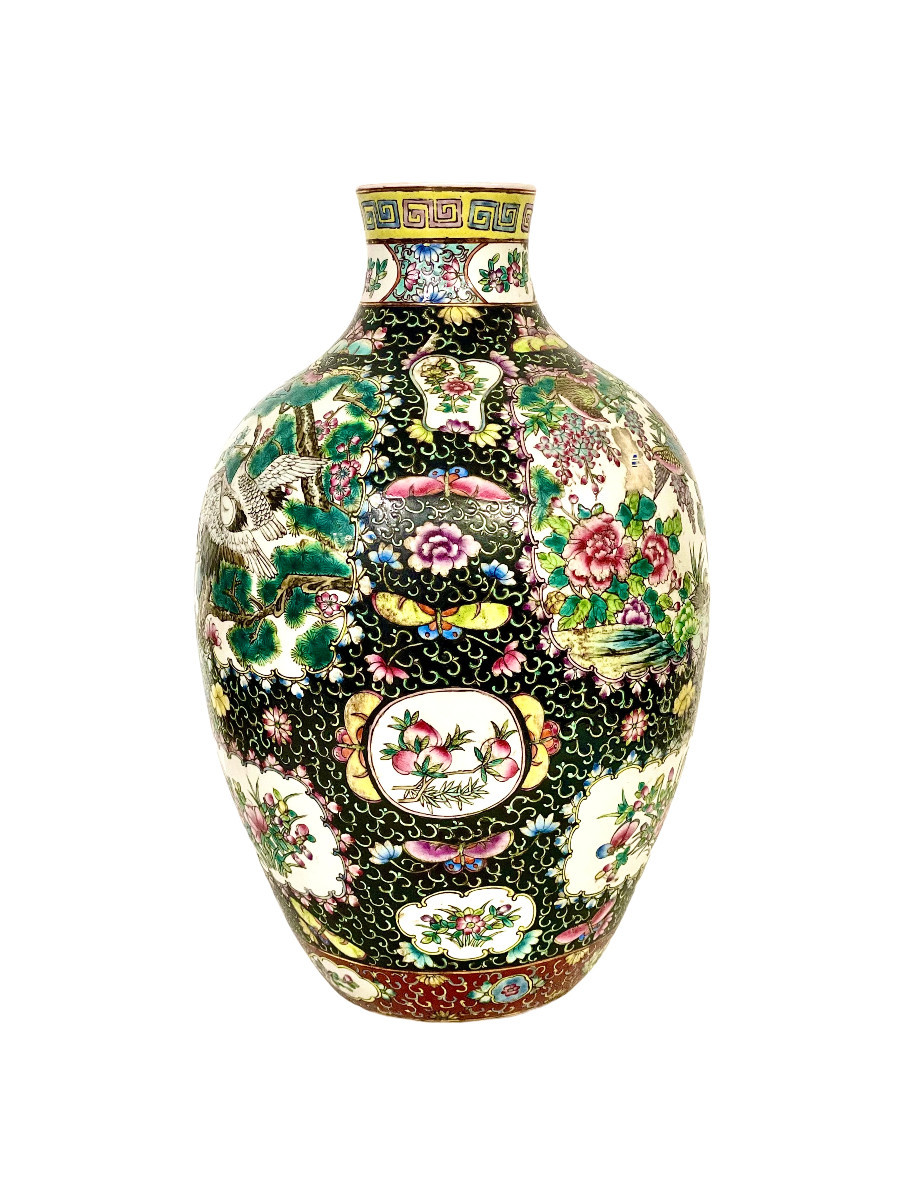 Large Chinese Famille Noire Porcelain Vase With Birds And Floral Panels-photo-3