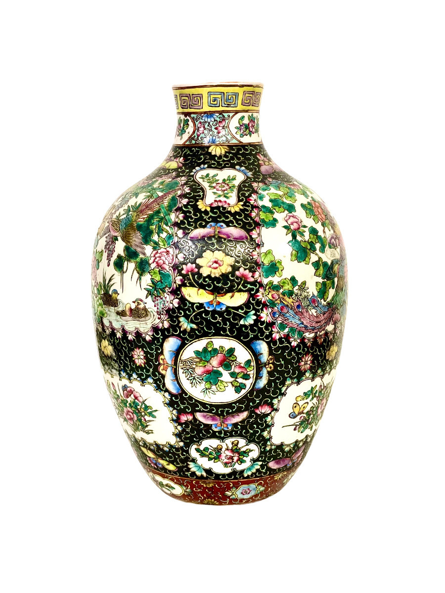 Large Chinese Famille Noire Porcelain Vase With Birds And Floral Panels-photo-2
