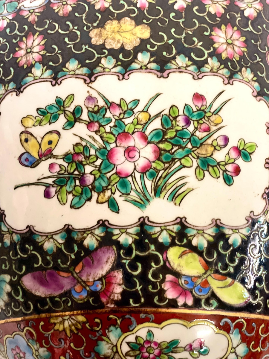 Large Chinese Famille Noire Porcelain Vase With Birds And Floral Panels-photo-3
