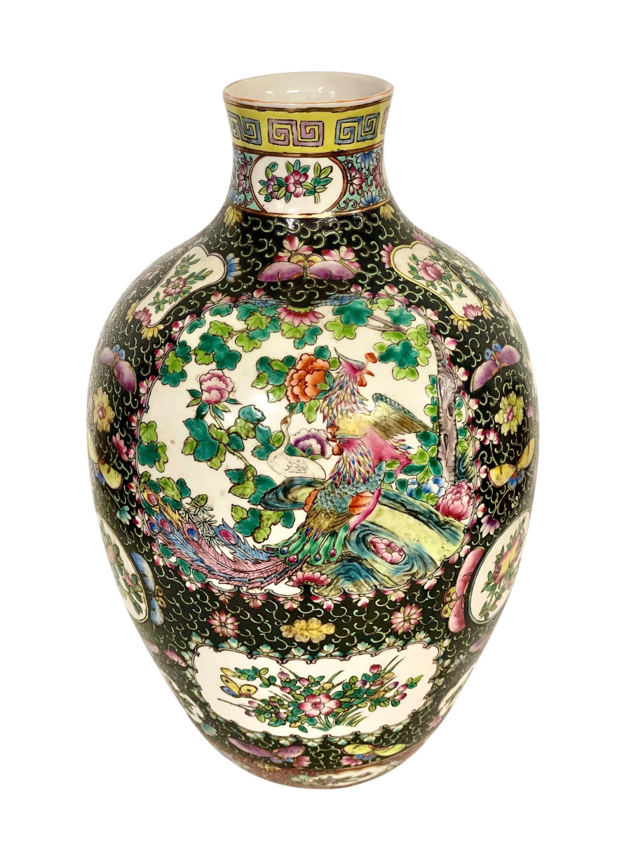 Large Chinese Famille Noire Porcelain Vase With Birds And Floral Panels-photo-1