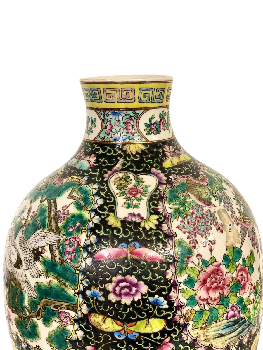 Large Chinese Famille Noire Porcelain Vase With Birds And Floral Panels-photo-5