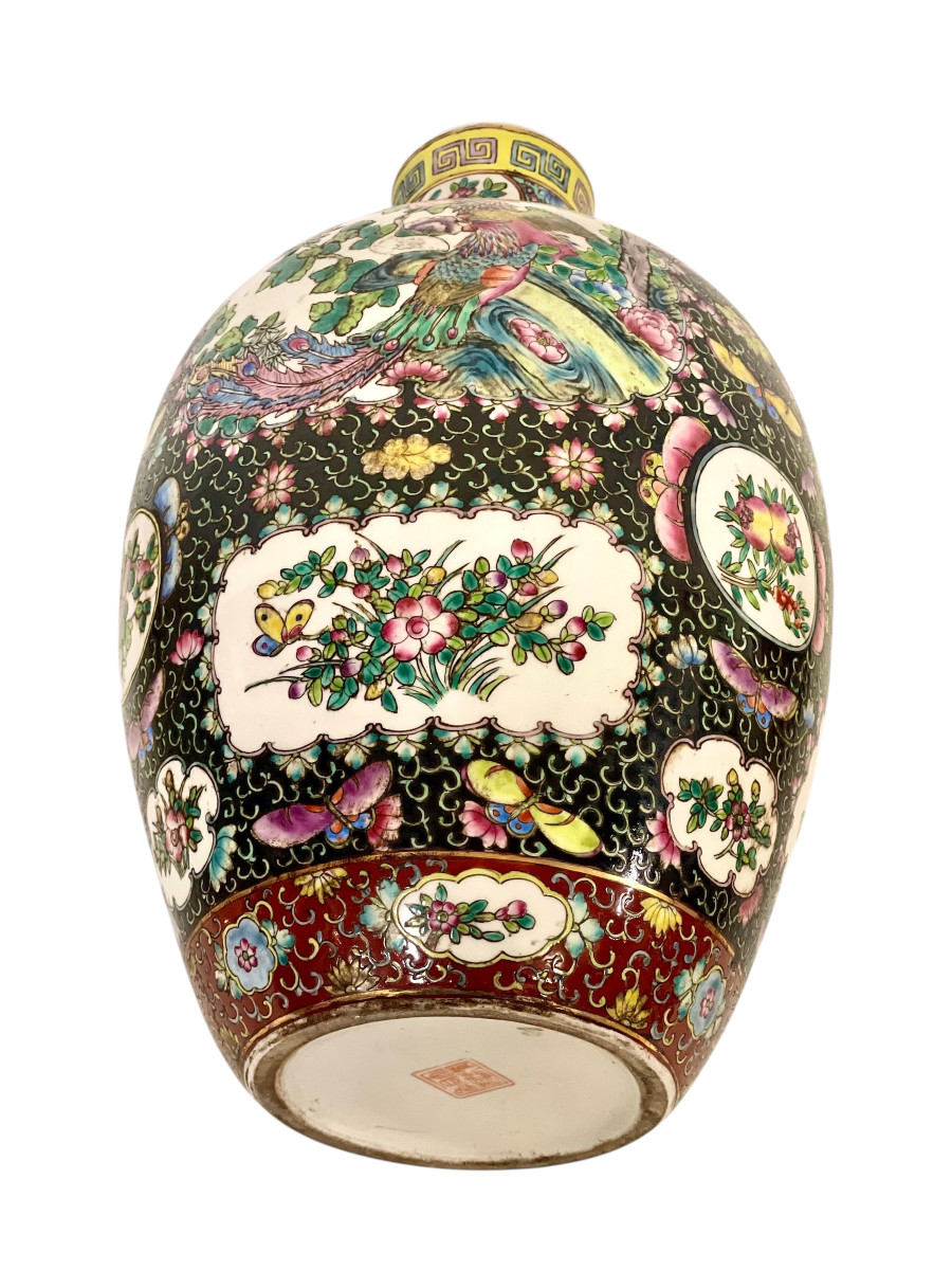 Large Chinese Famille Noire Porcelain Vase With Birds And Floral Panels-photo-7