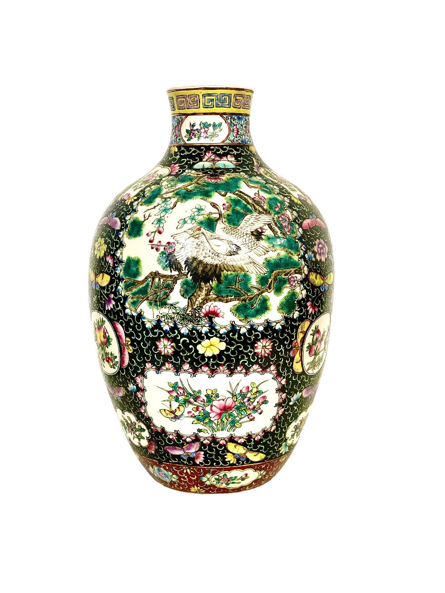 Large Chinese Famille Noire Porcelain Vase With Birds And Floral Panels-photo-8