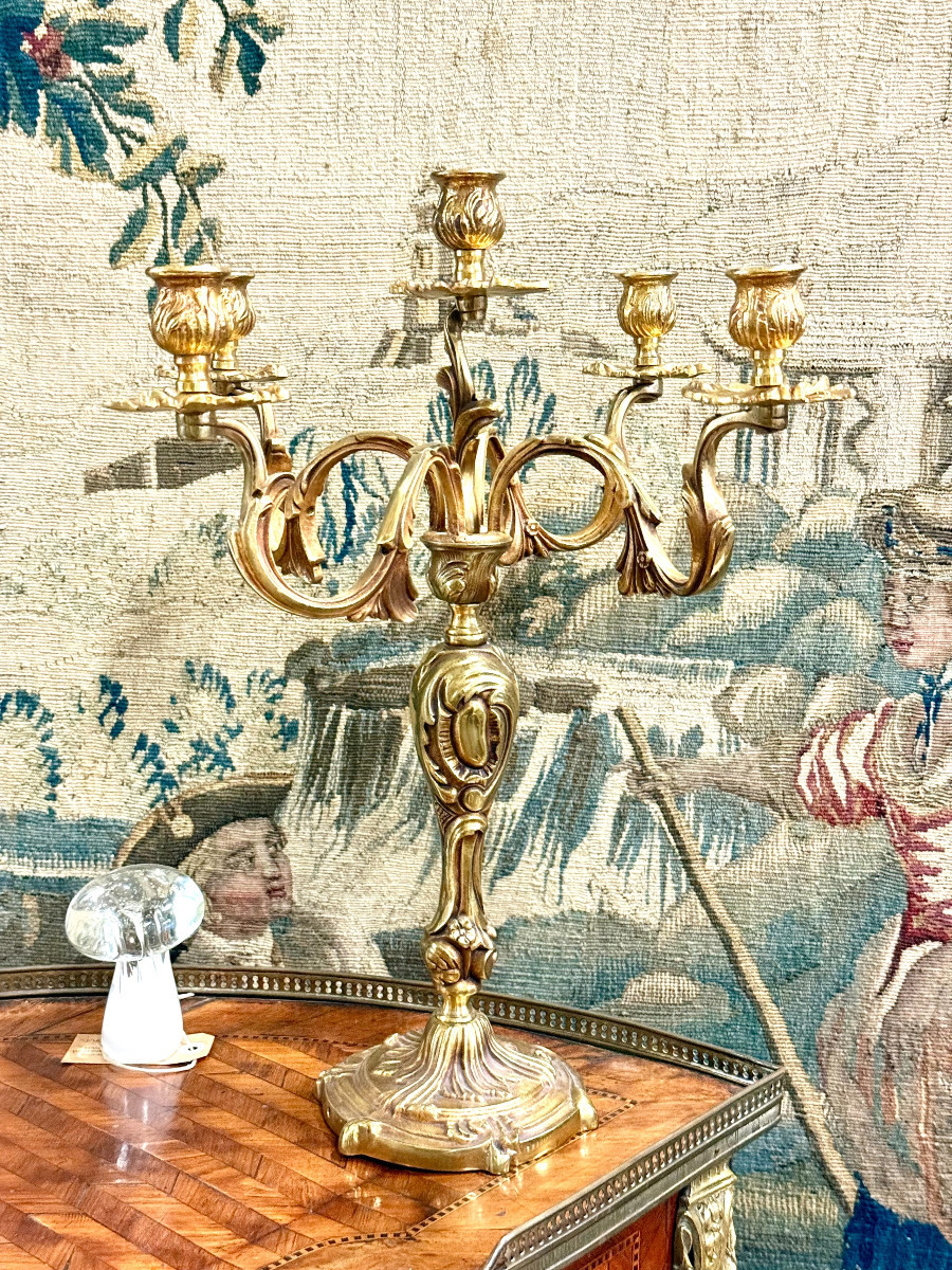 Candélabre à cinq lumières en bronze doré français, fin du XIXe siècle-photo-4