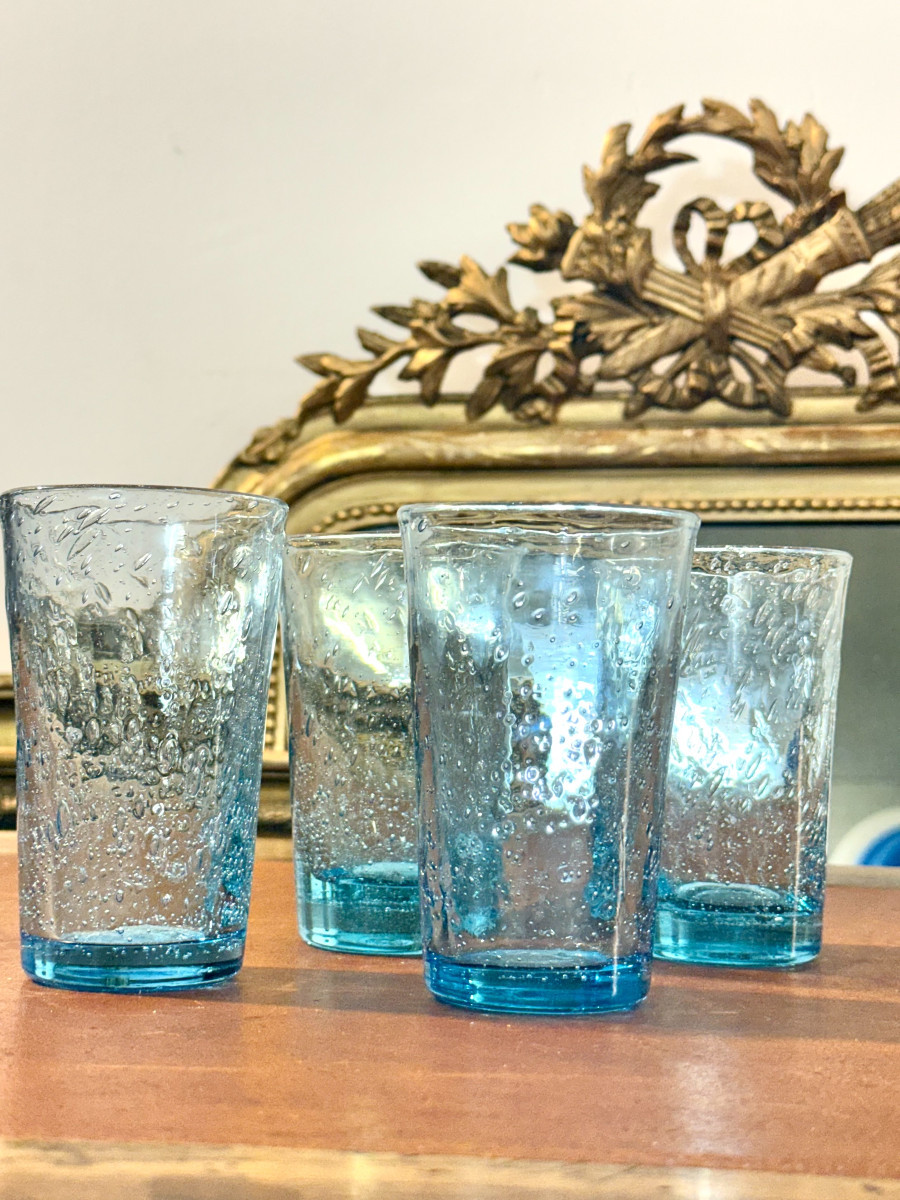 Ensemble de quatre verres à bulles bleus soufflés à la main, XXe siècle-photo-2